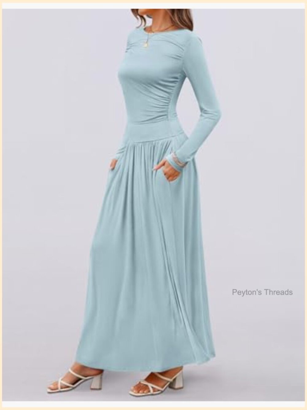 Women's Long Sleeve Crewneck Swing Pleated Maxi Dress with Pockets - Picture 5 of 7